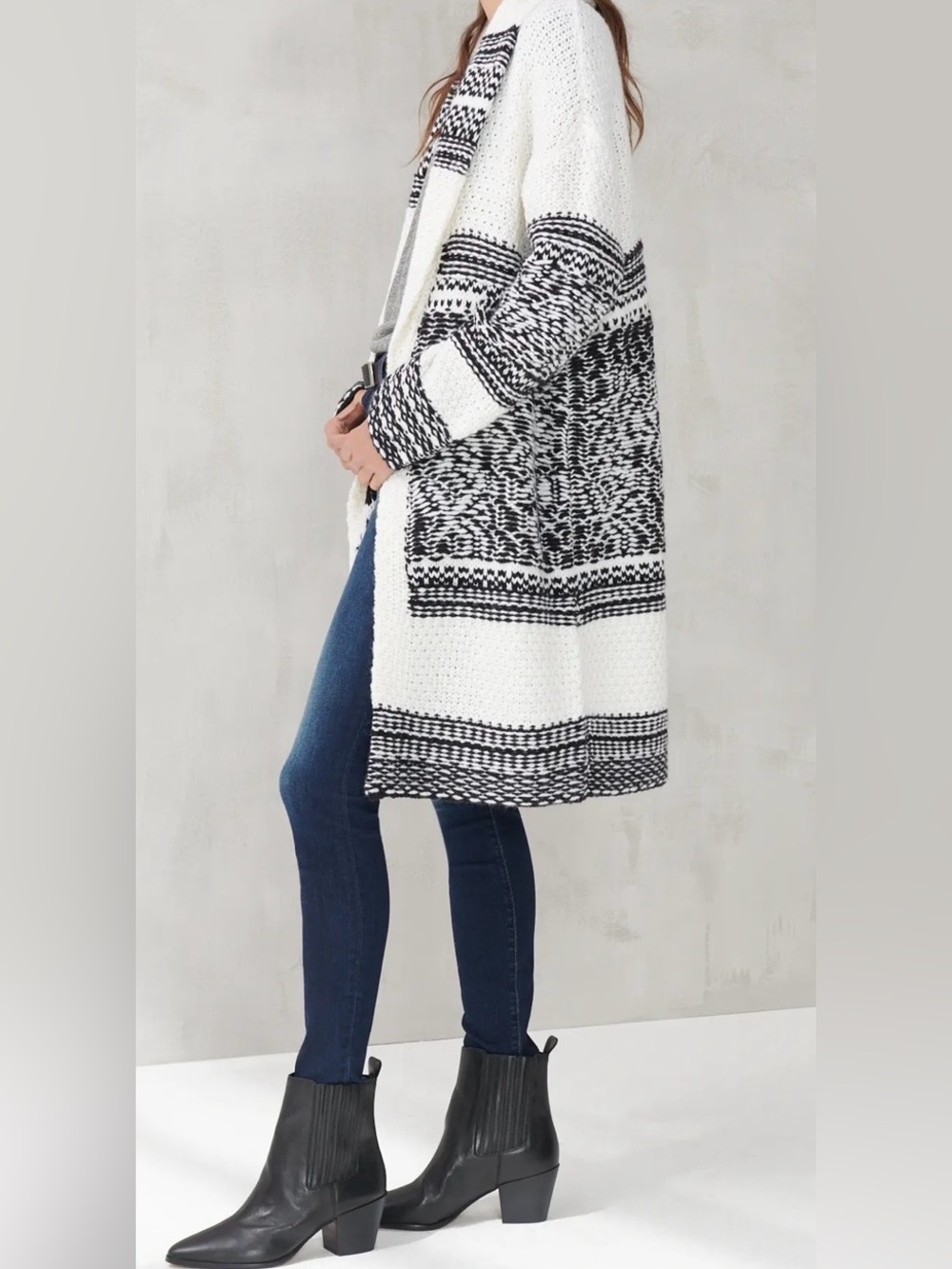 Lucky Brand Black & Cream Patterned Open-Front Women's Sweater Cardigan S